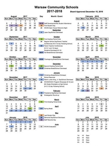 Warsaw Community Schools Release School Calendar for 2017-2018
