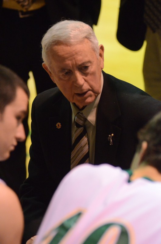 Tippecanoe Valley boys basketball coach Bill Patrick instructs his team Friday night prior to the second half. Patrick won his 700th career game as the Vikings beat Fairfield 57-40 in their own Winning Edge Holiday Tournament.