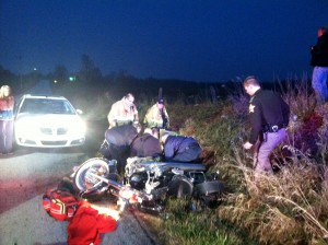 A Warsaw man suffered extensive leg injuries when his motorcycle struck a deer south of Warsaw early this morning. (Photo provided by KCSD)