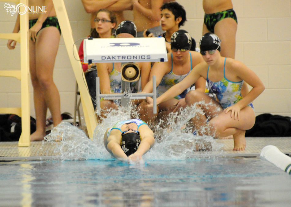 Wawasee's Betsy Rozow fires off the block to open the medley relay at Northridge Thursday night. (Photos by Mike Deak)