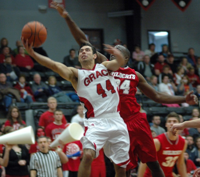 Bruce Grimm Jr. goes to the bucket Tuesday night during Grace's 80-77 win over No. 3 Indiana Wesleyan. Grimm scored 18 points as the No. 20 Lancers prevailed at home for a huge conference victory (Photo provided by Grace College Sports Information Department)