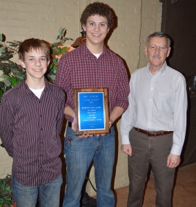 Wawsee FFA Soils Judging Team received the SWCD’s Soil Judging Team Award at the annual meeting of the Kosciusko County Soil and Water Conservation District. Team members are Anne Beer, Jake Templin, Kevin Schlipf and Ryan Schlipf. Randy Warren is their coach. Shown is Kevin and Ryan Schllipf with Warren. (Photo by Deb Patterson)