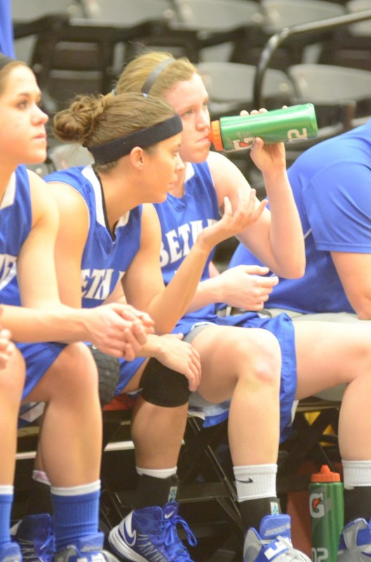 Ashlee Ort (at right) gets a break during action at Grace College Wednesday night. At left is former Mishawaka High School standout Chelsea Ward.