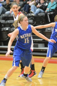 Ashlee Ort works on the defensive end, her forte, for Bethel College Wednesday night during a win at Grace College.