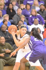 Lindsay Baker stares down a Merrillville defender in the regional title game Saturday night.