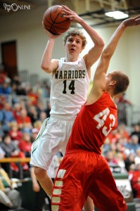 Wawasee's Gage Reinhard posts a shot over Westview's Nic Raber Tuesday night. (Photos by Mike Deak)