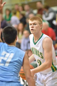 Tippecanoe Valley's Tanner Andrews prepares to shoot over Lakeland's Marco Olivares. (Photos by Nick Goralczyk)