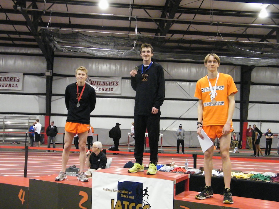 The Warsaw trio of Ellis Coon, Jake Poyner and Robert Murphy (shown above) place 1-2-3 Saturday in the 3,200-meter run at the Hoosier State Relays (Photos provided by Jeff Murphy)