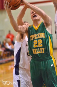 Tippecanoe Valley's Tanner Andrews drives in for the first basket of the Blackford Boys Basketball Regional. (Photos by Nick Goralczyk)