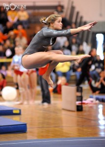 Wawasee's Kim Garber performed her floor routine at Friday night's Valparaiso Gymnastics Regional. (Photo by Mike Deak)
