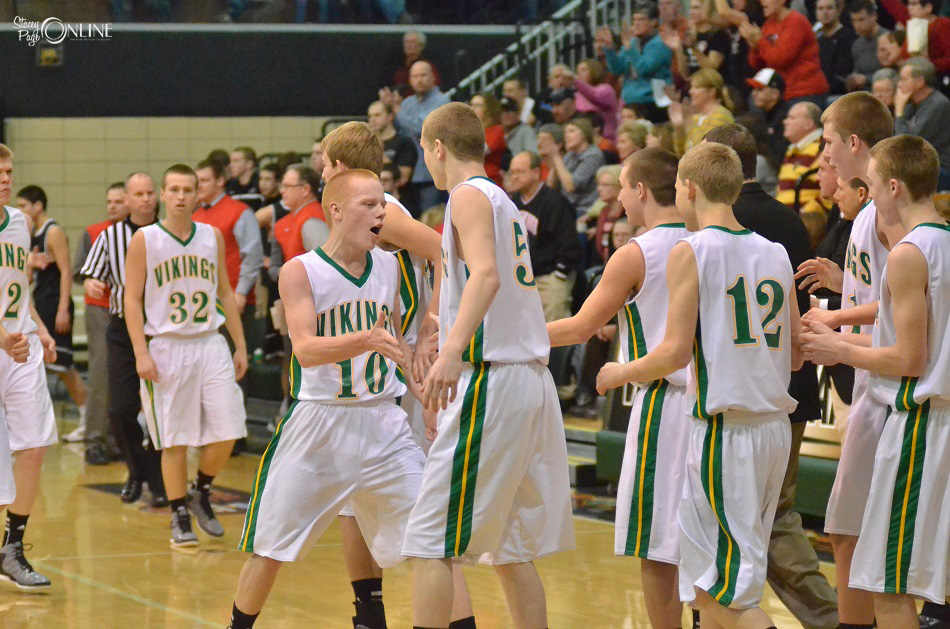 Tippecanoe Valley point guard Alex Thacker (10) celebrates with his team during Valley's win over NorthWood in the Wawasee Boys Basketball Sectional championship game. (Photo by Nick Goralczyk)