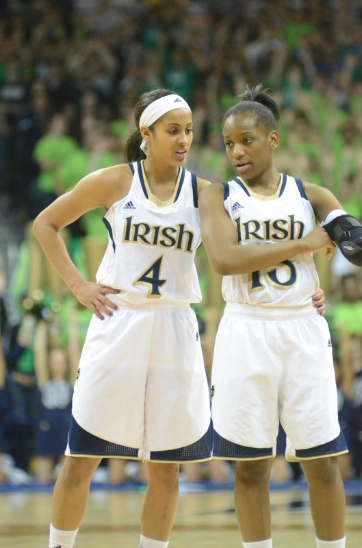 Irish superstar Skylar Diggins (left) has a few words for teammate Kaila Turner during a home game versus UConn on March 4.