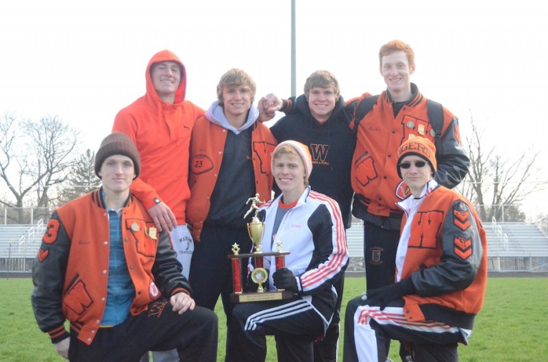 The Warsaw boys track took second place Saturday in the Class A Division of the Goshen Relays. Champions for the Tigers are shown above. In front (from left) are Nathan Kolbe, Jake Poyner and Robert Murphy. In back are Gabe Furnivall, Chad Goon, Ryan Goon and Stephen Kolbe (Photo by Scott Davidson)