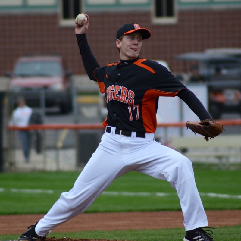Jason Ferguson delivers a pitch for Warsaw during a 9-1 NLC home win over Goshen Wednesday night (Photos by Jim Harris)