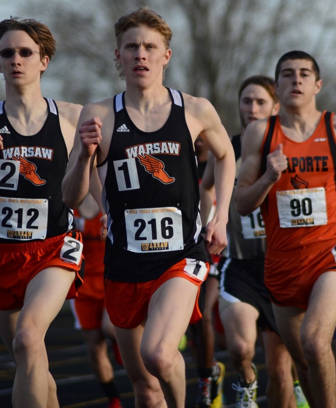 The outstanding duo of Robert Murphy and Jake Poyner, shown competing in the 1,600, helped No. 8 Warsaw win its own Max Truex Invitational Friday night (Photo by Jim Harris)