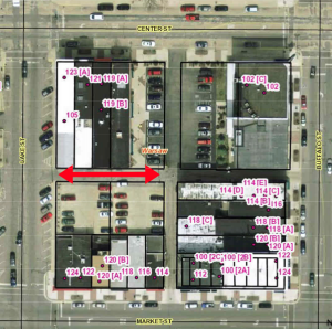 The alley noted by the red arrow will be closed throughout Friday and Saturday.