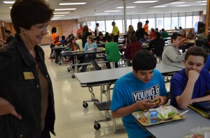 Food Services Director Marci Franks takes a moment to talk with students about their lunch preferences. 