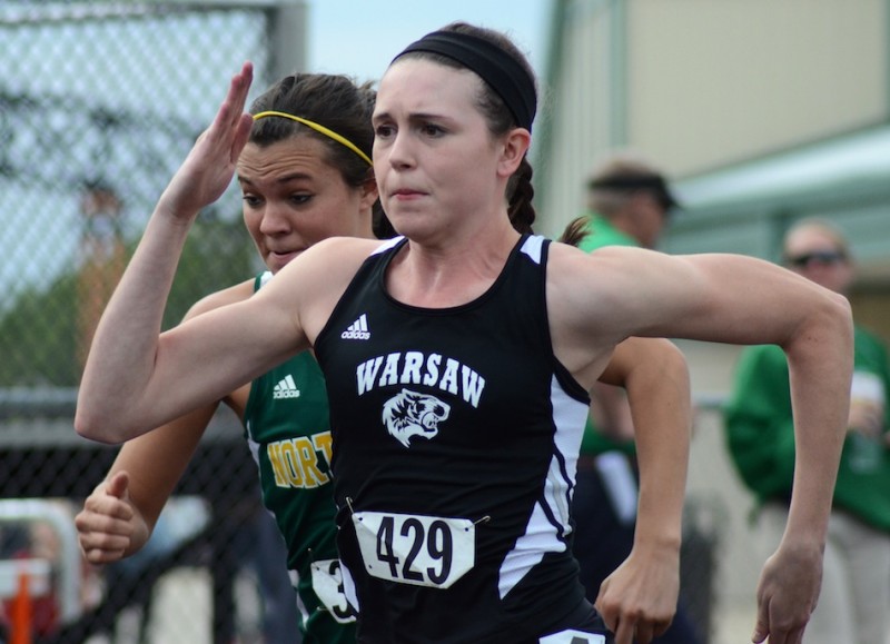 Star sprinter Ann Harvuot helped Warsaw dominate the NLC Championships Tuesday night (Photos by Jim Harris)