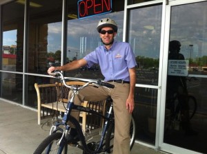 David Hamrick participated in National Bike to Work Week and peddled his way to work at The Party Shop this morning. (Photo provided)