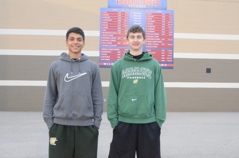 Wawasee sophomores JJ Gilmer (left) and Clayton Cook qualified for the State Finals with impressive regional performances in Kokomo Thursday night. Gilmer won the high jump competition and Cook placed second in the 110 hurdles (Photo by Scott Davidson)