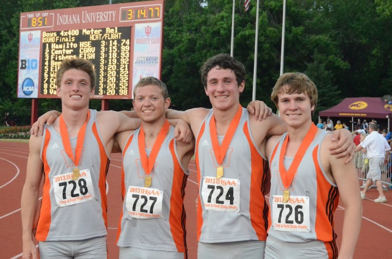 The Warsaw 4 X 400 relay team turned in an outstanding performance to place sixth at the State Finals Friday. The team, from left, are Nate Kolbe, Wyatt Jones, Gabe Furnivall and Ryan Goon.