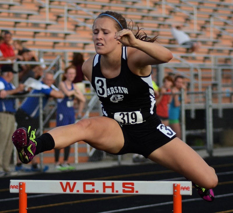 Jackie Ferguson placed third in the 300 hurdles for regional champion Warsaw Tuesday night (Photos by Jim Harris)