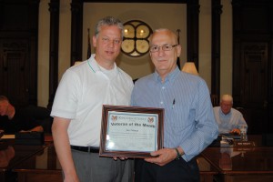 Jan Zolman of Warsaw was named May’s Veteran of the Month at the county commissioners meeting Tuesday. Zolman, a Marine, served from 1964 to 1968. Zolman, right, is pictured with Veterans Affairs Officer Rich Maron. (Photo by Phoebe Muthart)