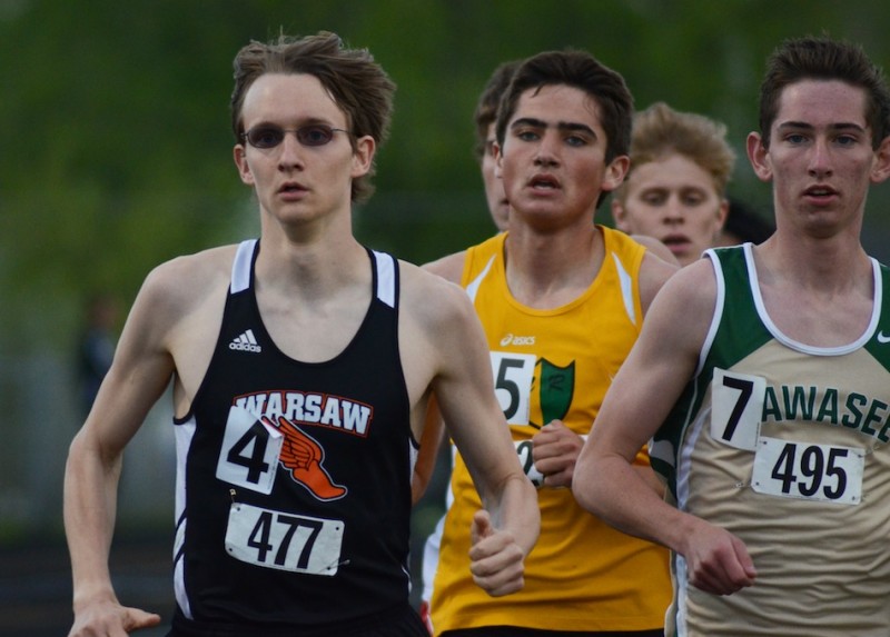 Warsaw distance dynamo Robert Murphy won both the 800 and 1,600 Tuesday night in the NLC Meet. The senior set a new meet record in the 800 (Photos by Jim Harris)