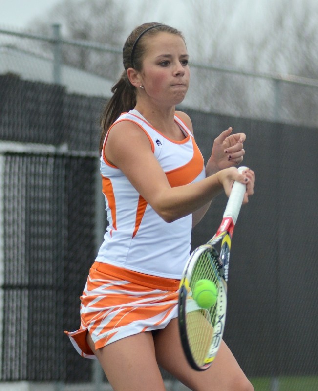 Warsaw No. 1 singles player Sarah Boyle competes in a match earlier this season. The host Tigers open sectional play Wednesday at home versus Columbia City (File photo by Jim Harris)