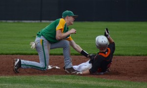 Tanner Andrews applies the tag to Brandon Shipp at second base.