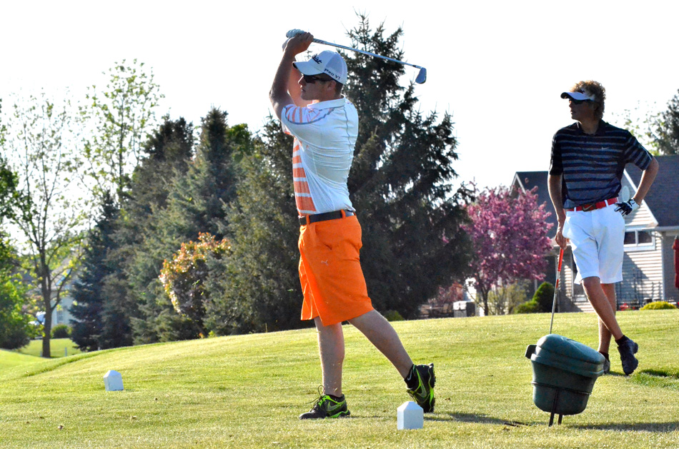 Warsaw's Evan Cultice tees from the seventh box at McCormick Creek Tuesday against NorthWood and Goshen. (Photos by Nick Goralczyk)