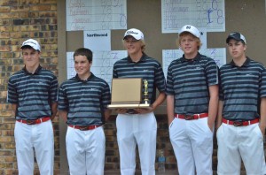 The NorthWood Panthers pose with its NLC trophy after clinching a tie with Warsaw for the boys golf crown.