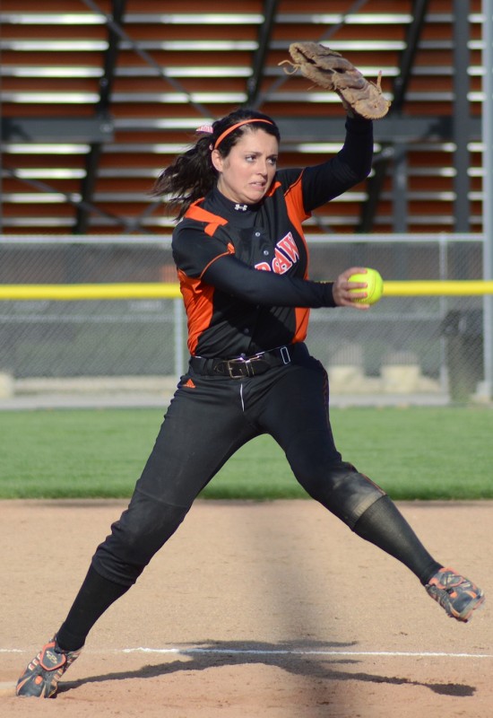 Warsaw ace Kaleigh Speicher fires a pitch during an 8-5 NLC win over Concord Monday night (Photos by Jim Harris)