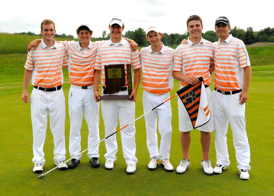 The Warsaw Tigers shot a 314 to edge Triton by one for its 26th boys golf sectional title, won Friday at Stonehenge Country Club. From left are Tim Ahlersmeyer, Will Petro, Evan Cultice, Jon Schram, Jonny Hollar and coach Ben Barkey. (Photos by Mike Deak)