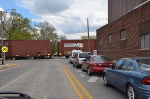 Cars are backed up all along train crossings downtown Warsaw causing congestion all along SR 15. (photo by Alyssa Richardson