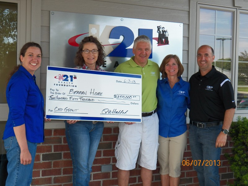 One of the first supporters of Beaman Home’s plans for a new Domestic Violence Emergency Shelter and Outreach Center, K21 Health Foundation committed a cap grant of $250,000 to the Beaman Home’s project.  Pictured from left are Hodson, Beaman Home executive director; Valerie Warner, K21 board member; Joe Hawn, K21 board member; Shari Boyle, K21 board member; and Rich Haddad, president of K21 Health Foundation. 