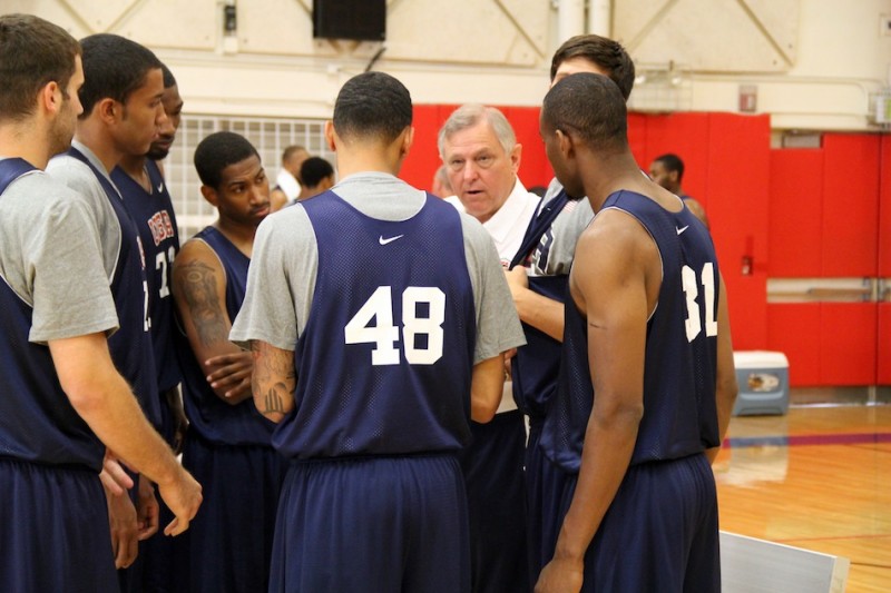 Grace College men's basketball coach Jim Kessler talks with players at the USA Basketball Training Camp in Colorado Springs. Kessler was invited to serve as a court coach at the camp for the World University Games (Photo courtesy of USA Basketball)