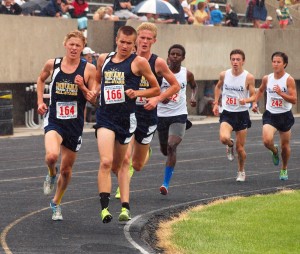 Former Warsaw star Jake Poyner (far left) led a 1-2-3 sweep of the 3,200 by winning the event Saturday at the Midwest Meet of Champions in Fort Wayne (Photos provided by Tim Creason)