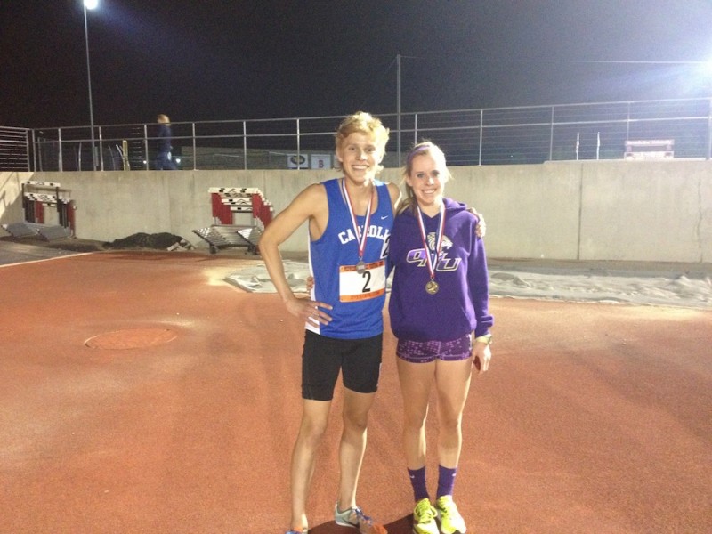 Former WCHS distance standouts Jake Poyner and Sarah Ray turned in outstanding efforts Saturday night in the Midwest Distance Festival in Illinois (Photo provided by Matt Campbell)