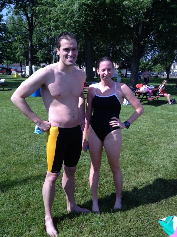 Jeff Ostermann and Rachel Wender, both from Fort Wayne, were the top male and female finishers in the Warsaw Aqua Mile Swim Saturday in Center Lake (Photo by Cindy Hathaway)