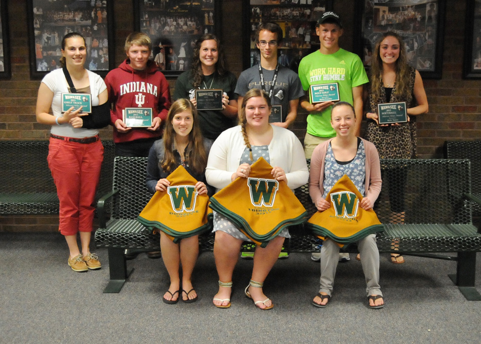 Wawasee High School announced its award winners for its spring sports, including blanket and Warrior Way recipients. In the front row are blanket winners Emma Donahoe, Jordan Edington and Jen Slabaugh. In the back row are Warrior Way winners Shelby Swartz, Bailey Yoder, Katy Ashpole, Austin Krizman, Dylan Cousins and Kylie Norris. (Photo by Mike Deak)