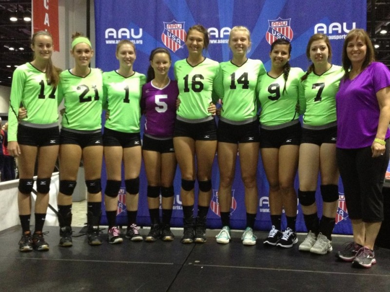 A volleyball team from the Outland Volleyball Club in Warsaw placed 22nd at the recent AAU Jr. Nationals. Members of the team, coached by Tricia Howard, are shown above (Photo provided by Pam Price)