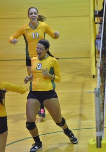 Valley's Kelsey Ball celebrates one of her 11 kills against Wawasee.