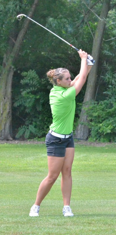 Wawasee's Mikala Mawhorter hits a shot on number 15 at South Shore. The sophomore took medalist honors with her score of 85.