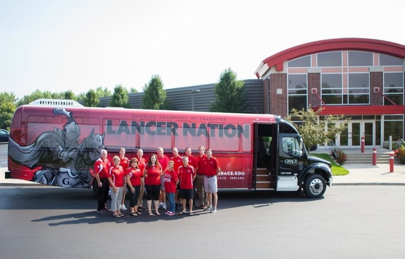 Grace College has acquired two new buses for its athletic teams to travel in. One of the buses is shown above (Photo provided by Grace College Sports Information Department)