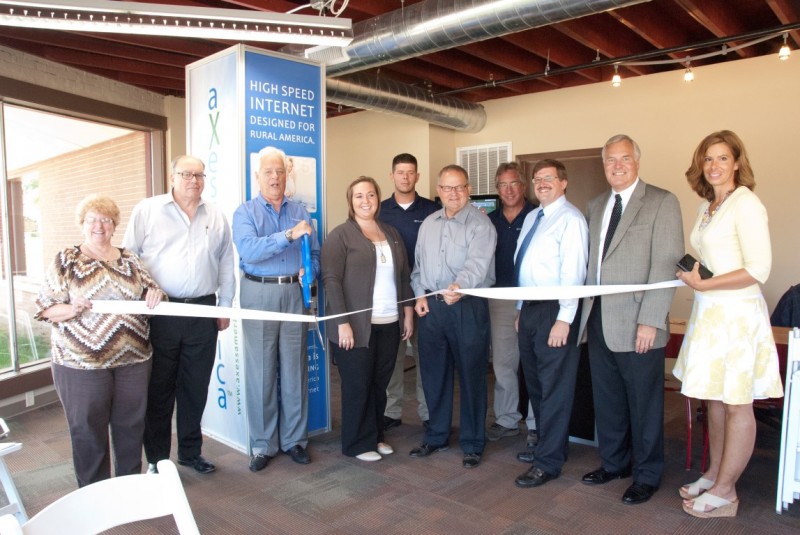 Pictured from left are  Joni Truex, Builders Association Kosciusko Fulton Counties and Chamber Ambassador; Stephen Trexlor, chief executive officer of aXess America; Tom Mattern, chief marketing officer of aXess america; Briana Yoder, Business Sales Development for aXess america; Kyle Barnes, field manager for aXess America; Nappanee Mayor Larry Thompson; Todd Mocherman, director of the North Central Region, Indiana Economic Development Corporation; Phil Laux, chief operating officer of aXess America; and Renea Salyer, Member Relations for Warsaw Kosciusko County Chamber of Commerce.