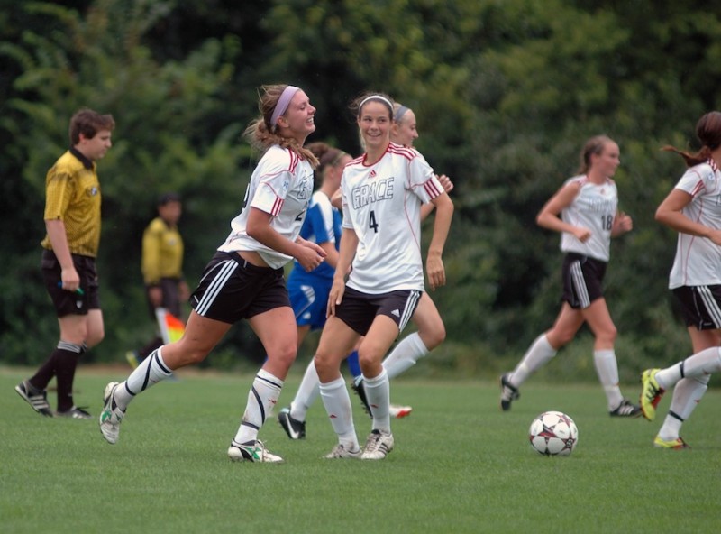 Former Warsaw star Meredith Hollar celebrates after scoring a goal Thursday. The Grace College freshman helped the Lancers top No. 25 Judson 2-1 in Winona Lake (Photo provided by Grace College Sports Information Department)