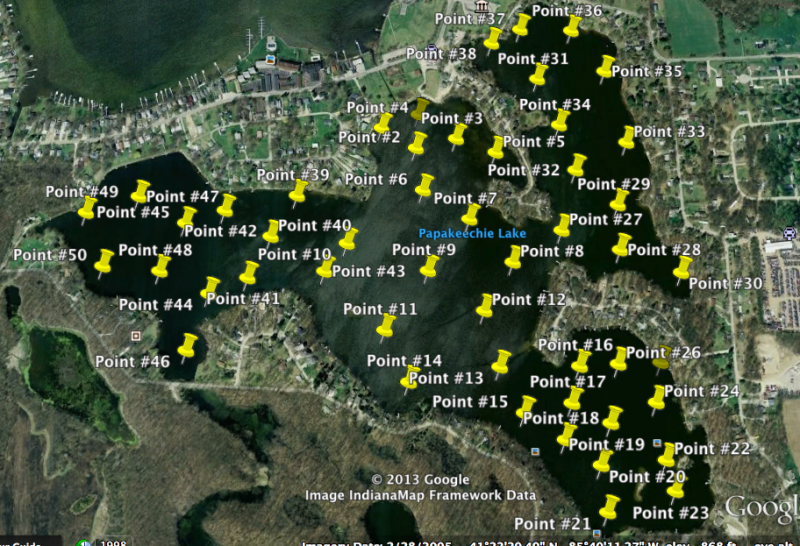 Map of GPS coordinates used this summer to test water in Lake Papakeechie.