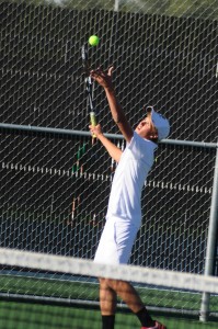 Will Petro eyes a serve for Warsaw Monday. Petro teamed with Nikos Schlitt for a win at No. 1 doubles in a 3-2 NLC loss to Concord (Photo by Amanda Farrell)