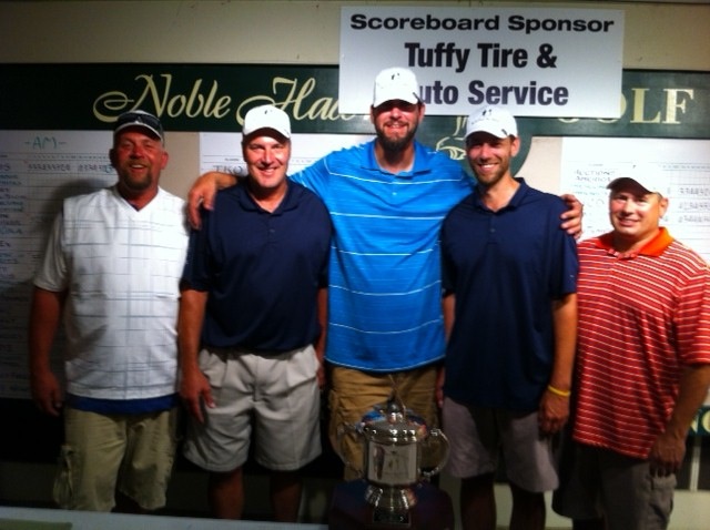 Former Purdue and NBA star Brad Miller (center) is shown with the winning team from Noble Co. Disposal of Albion at his recent golf outing in Kendallville. The event raised money for Big Brothers Big Sisters (Photo provided)